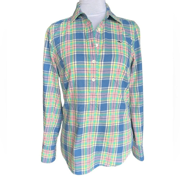 Vineyard Vines Little River Plaid Popover Shirt Women’s Size 0 Pink Green Blue - Picture 1 of 8